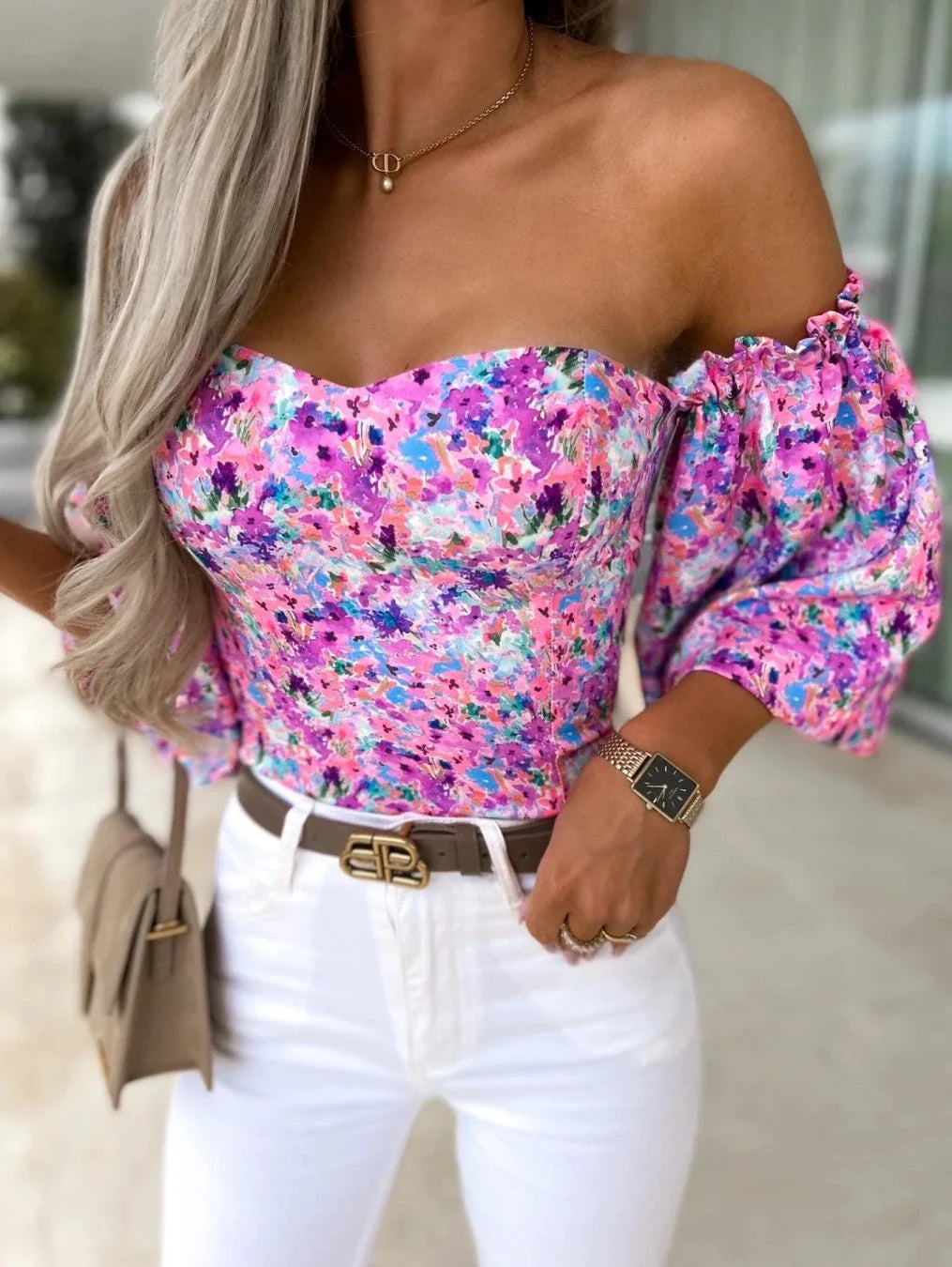 Off Shoulder Floral Print Crop Top Puff Lantern Sleeve Sweet Elegant Holiday Party Slim Short Blouse