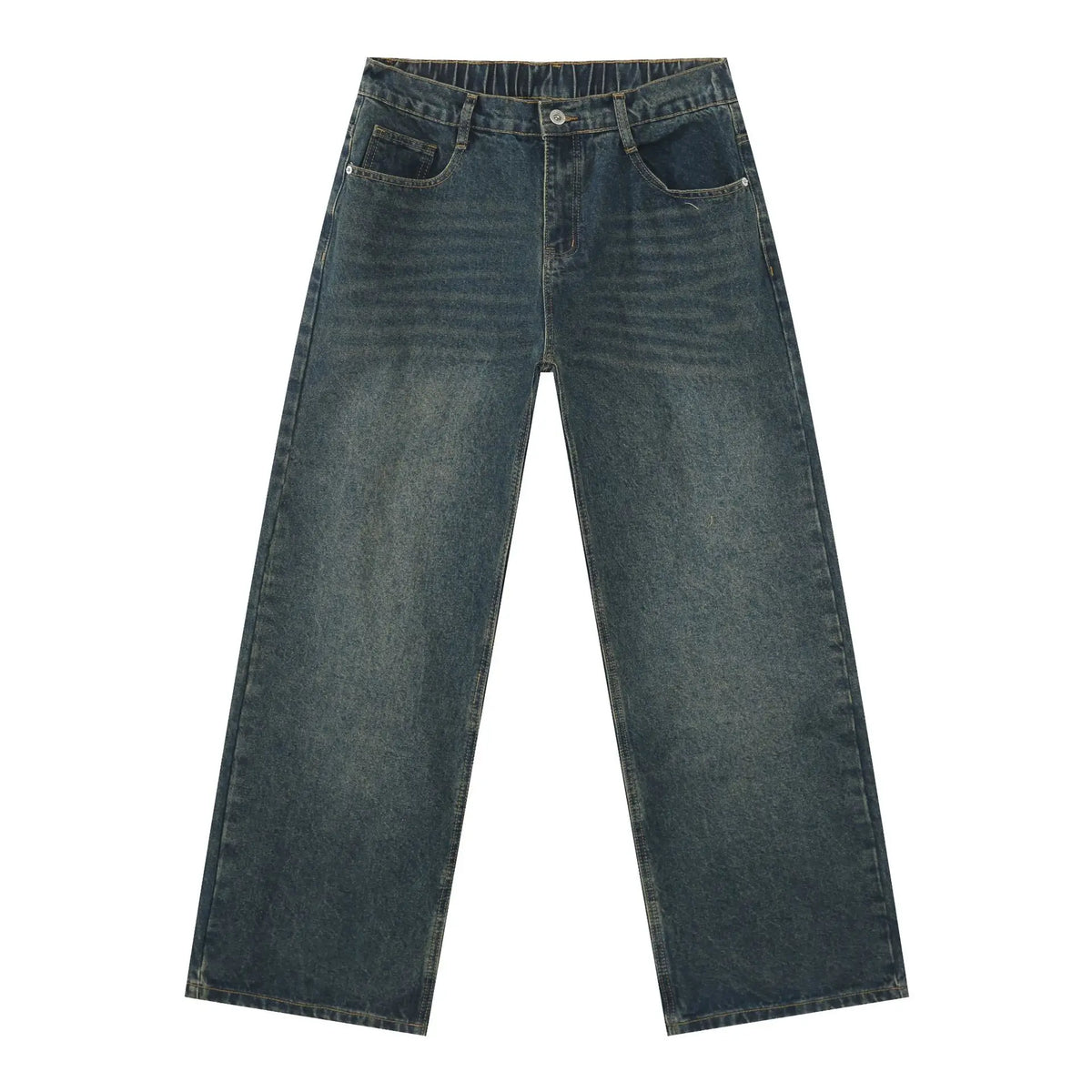 Semi-elastic Waist Loose Straight Primary Color Denim Trousers