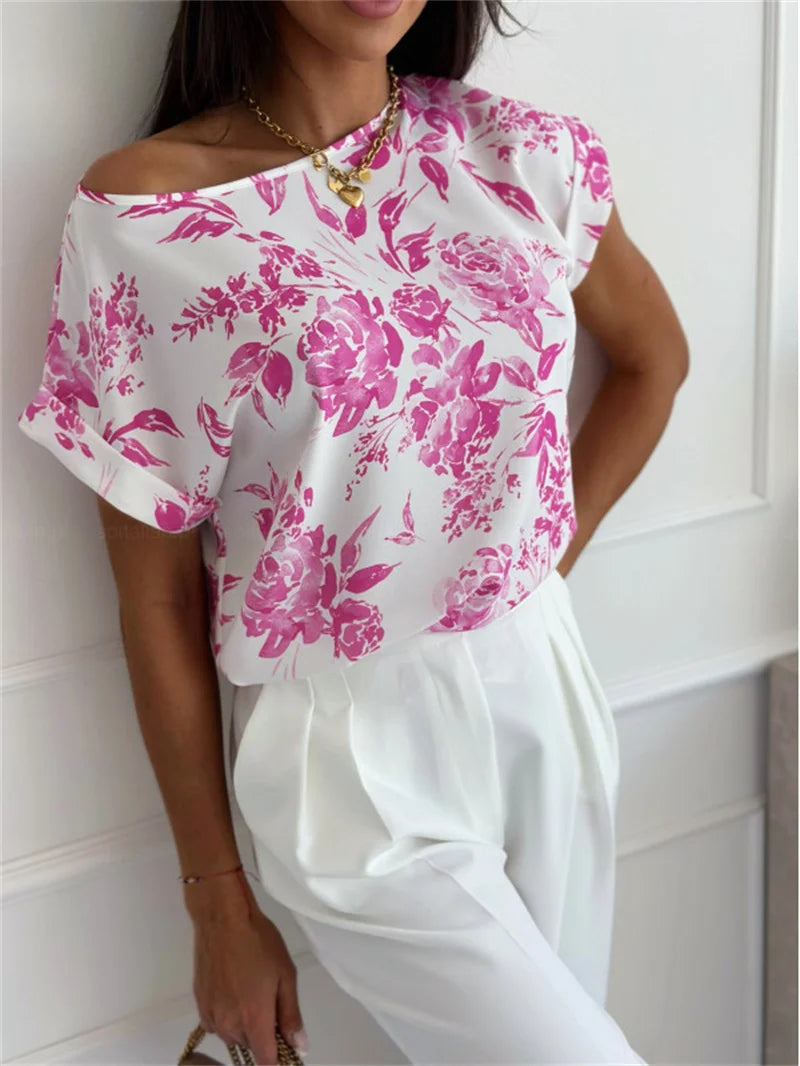 Casual Summer Short Sleeve Pleated Patchwork Blous Elegant Office