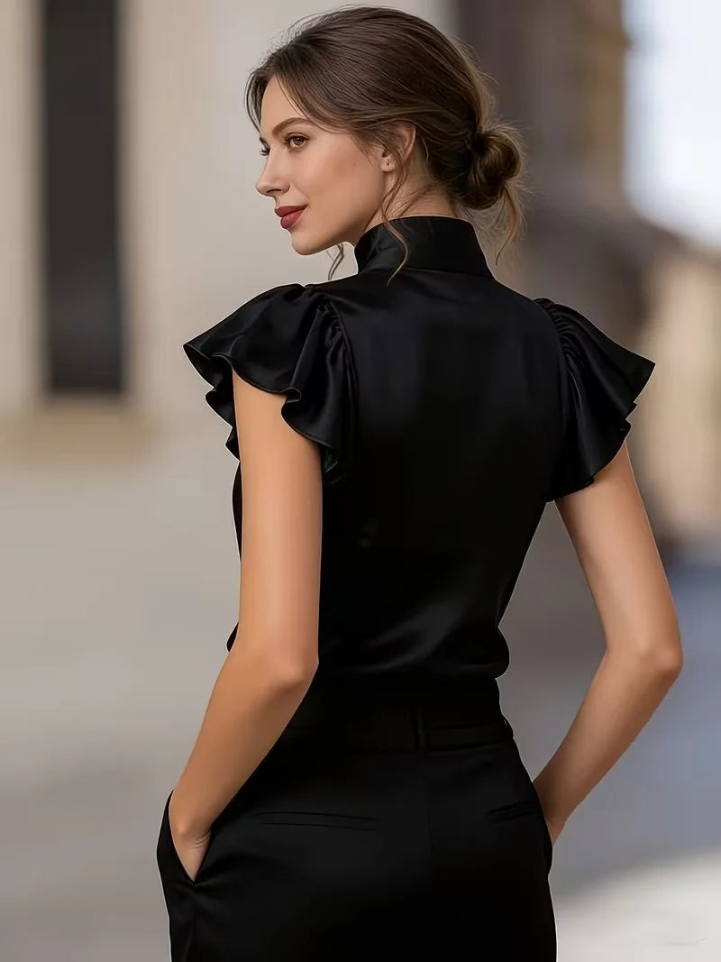 Women's Stand Collar Ruffle Cap Sleeve Button Down Satin Blouse for Office Work and Formal Events