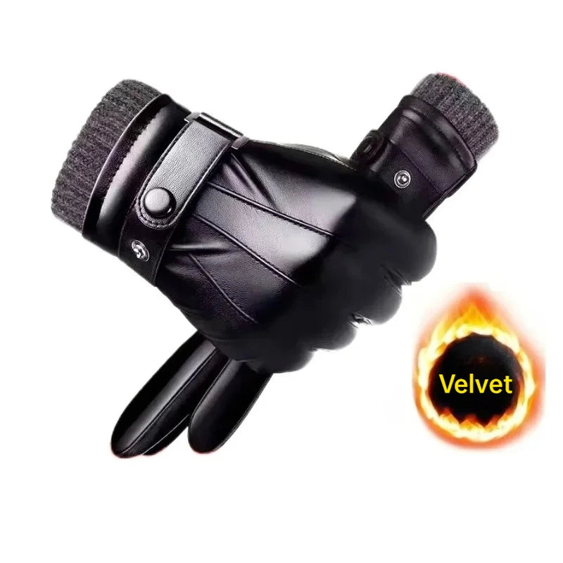 Winter Gloves for Men Genuine Leather Gloves Warm Plus Velvet Touch Screen Gloves Outdoor Cycling Driving Motorcycle PU Gloves