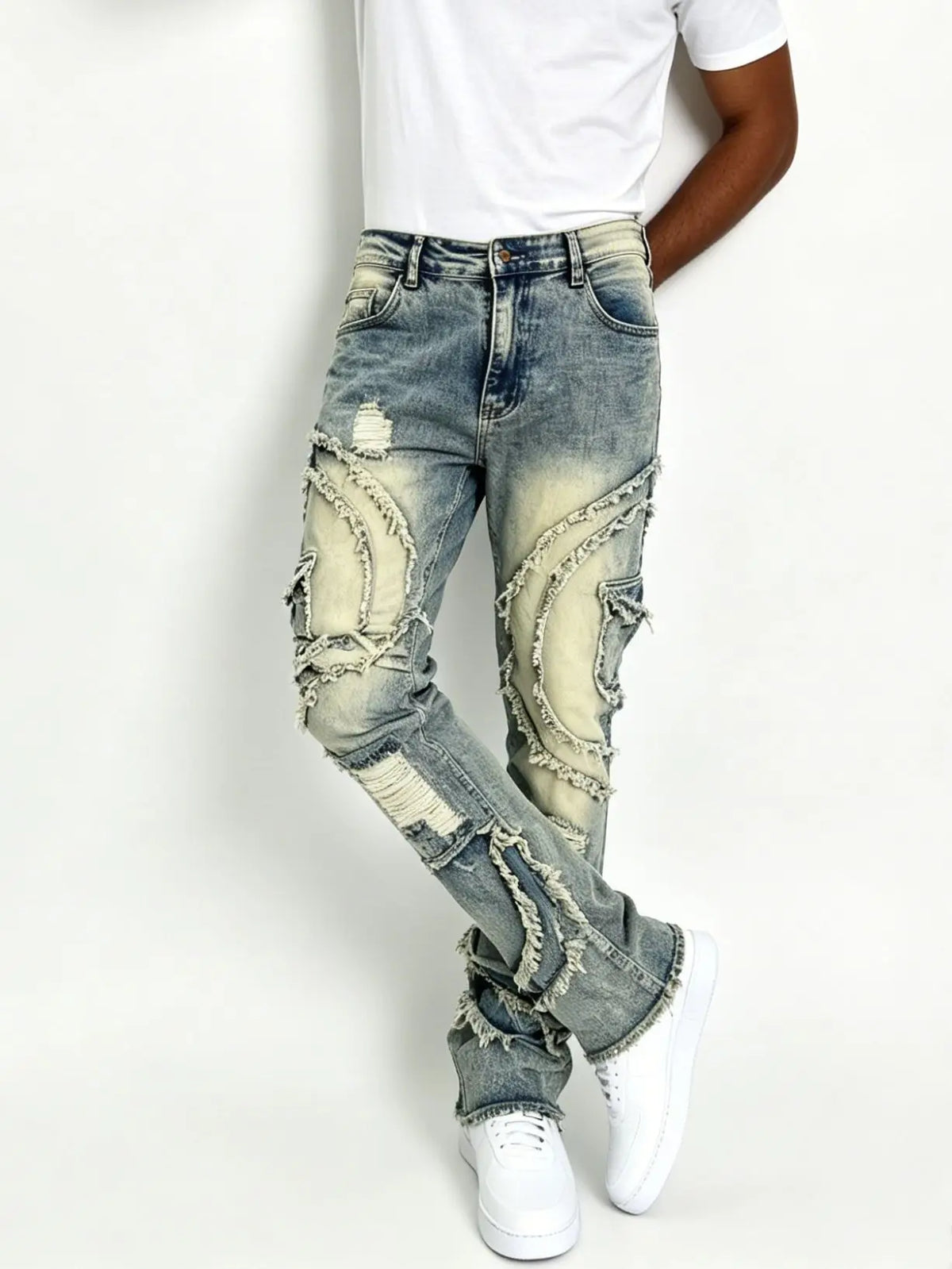 HME Men's Vintage Denim Pants, Stacked Ripped Flared Jeans with Layered Frayed Stitching