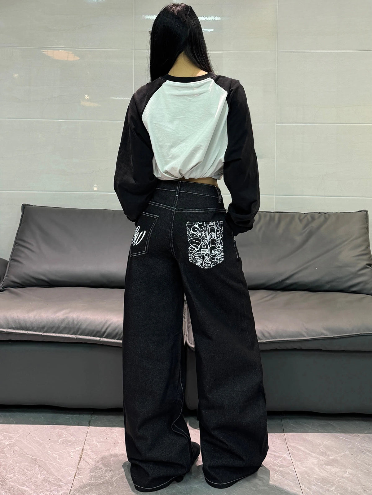 Cartoon Print Wide Leg Jeans in Black