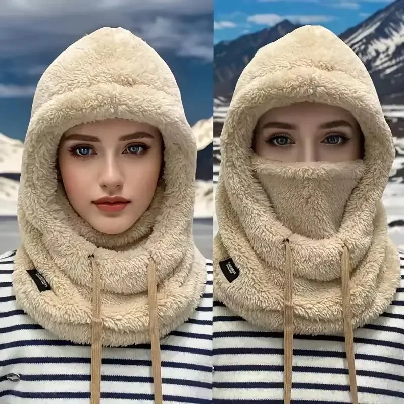 Winter Warm Fleece Hood Scarf for Women Windproof Full Face Cover Hat Outdoor Sports Cycling Neck Warmer