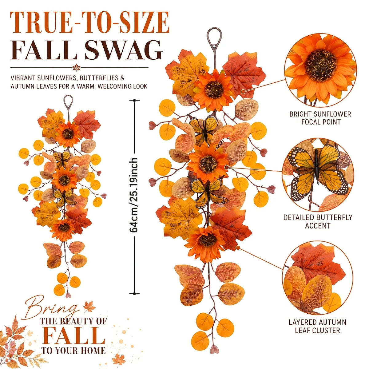 Thanksgiving Autumn Decorative Vine Garlands Orange Sunflowers Maple Leaves Theme Hanging Vines for Home Garden Decoration