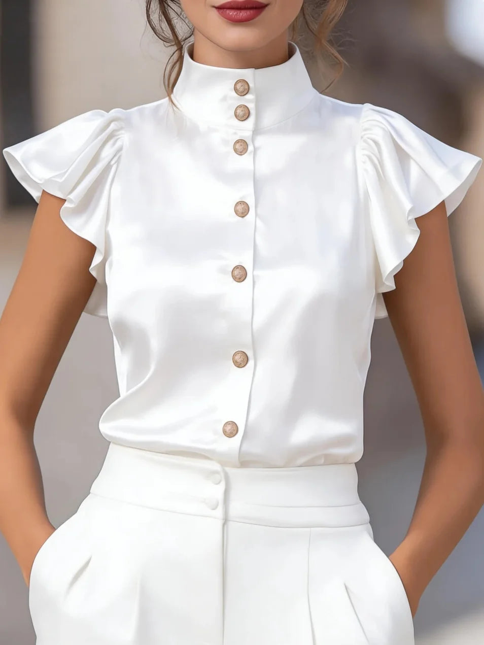Women's Stand Collar Ruffle Cap Sleeve Button Down Satin Blouse for Office Work and Formal Events