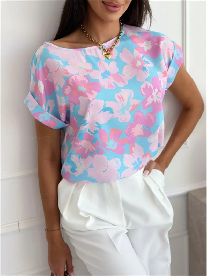 Casual Summer Short Sleeve Pleated Patchwork Blous Elegant Office