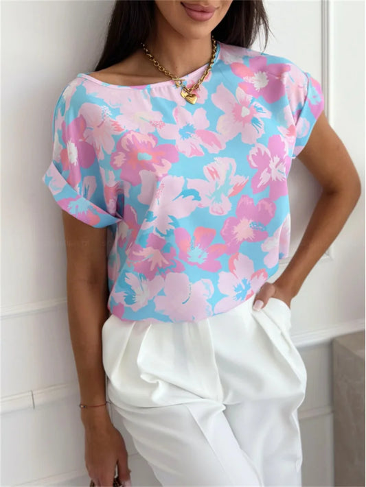 Casual Summer Short Sleeve Pleated Patchwork Blous Elegant Office