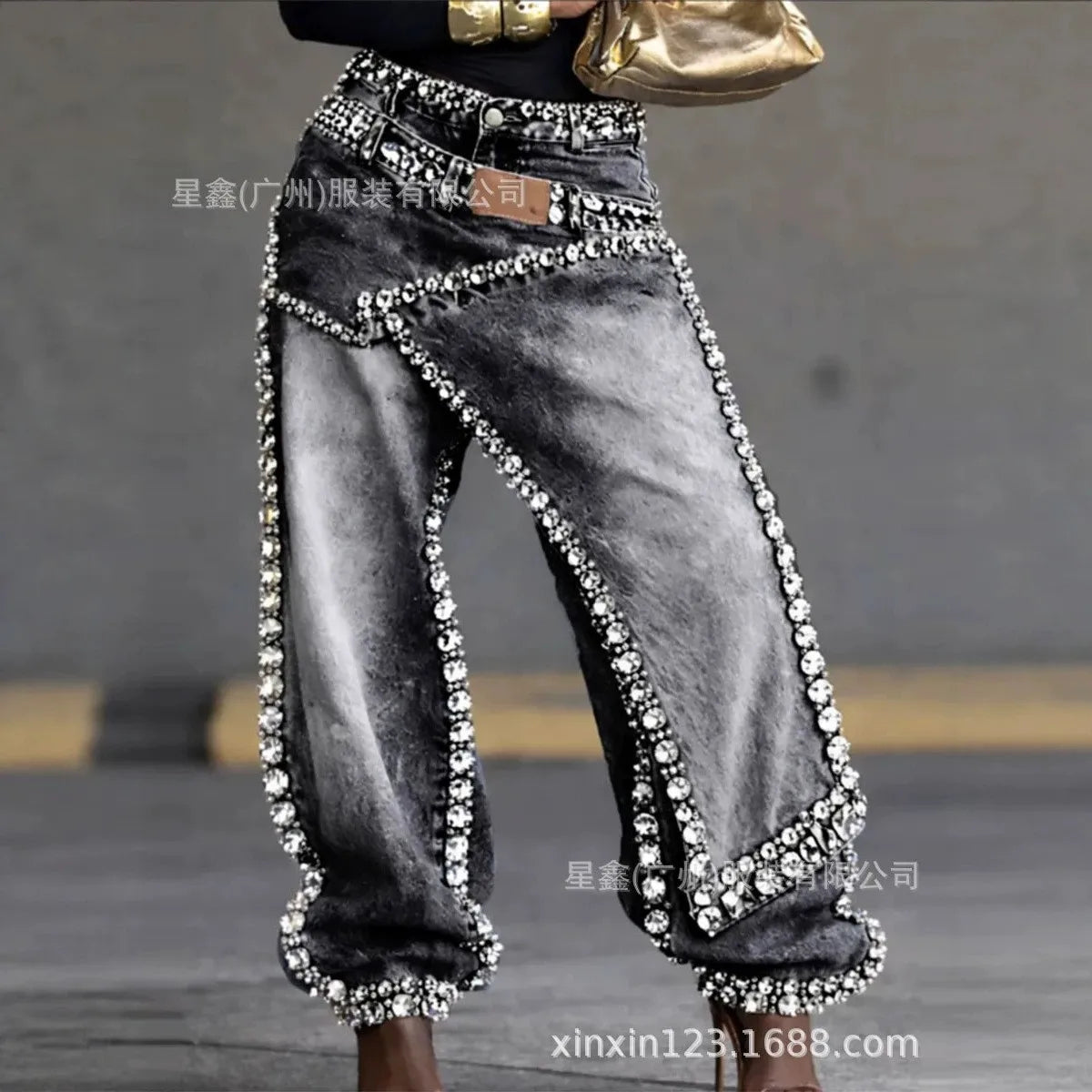 Women Wide Leg Pants Jeans Rhinestone Denims Distressed Washed Full Length Vintage Asymmetrical Trousers Y2k Streetwear 2026