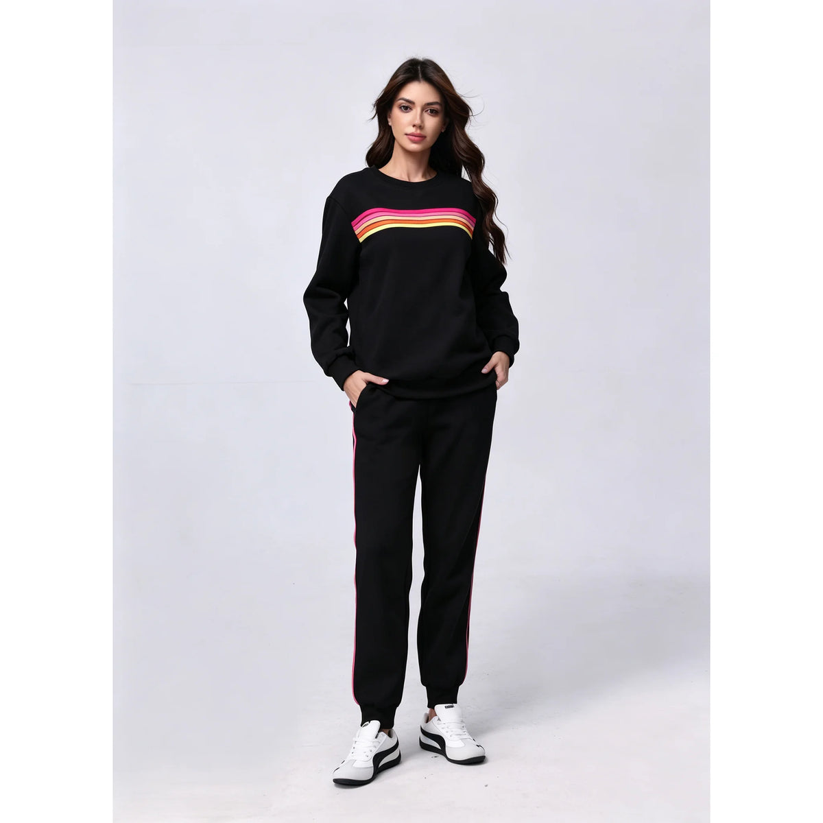 Women's 2 Piece Outfits Rainbow Stripe Sweatsuit Set Long Sleeve Crewneck Sweatshirt Pullover Top & Jogger Pants with Pockets Soft Casual Loungewear Tracksuit Oversized Relaxed Fit Matching Set for Fall Winter Streetwear