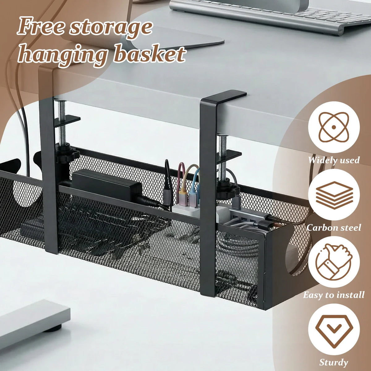Under Desk Cable Management Tray Carbon Steel No Drilling with Clamp Desk Wire Organizers Table Cord Management Storage Tray