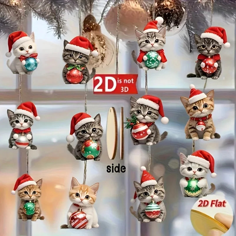 12pcs Christmas Cat Tree Decorations - 2D Plane Wooden Festivals and Party Decorations Elegant Wooden Plaques Holiday Home Decor