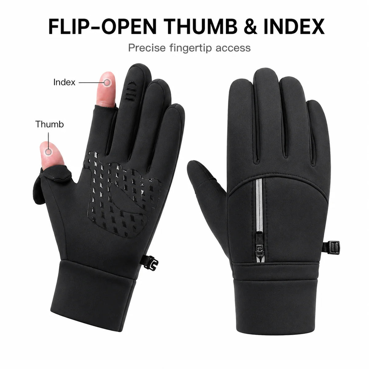 Winter Cycling Gloves with Flip-Open Thumb & Index Finger, Fleece-Lined Touchscreen Anti-Slip Gloves for Fishing and Photography