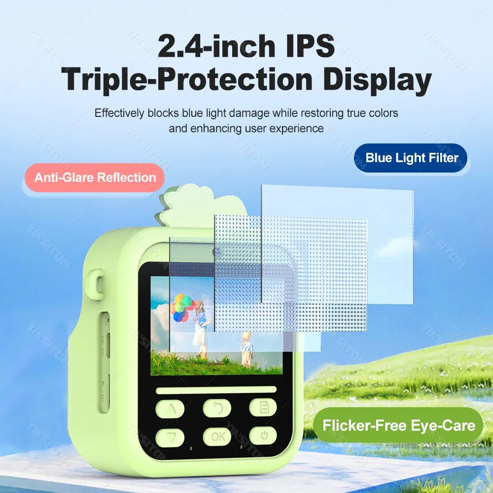 57mm Mini Thermal Printer Children Digital Photography Print Instant Camera 1080PHD Dual Lens Kids Video Recorder for Girls Boys