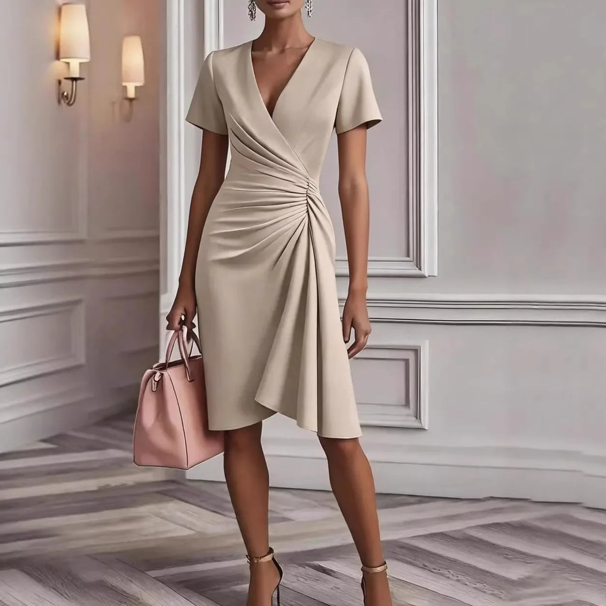 V neck Short Sleeve Midsection Twist Ruched Draped Asymmetrical Hem Midi Dress