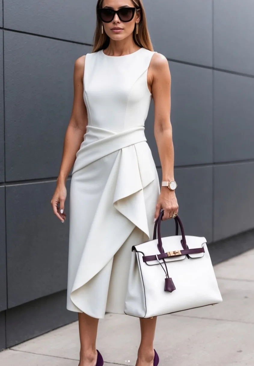 Women Sleeveless Round Neck Midi Dress Asymmetric Ruffle Waist Elegant Party Office Lady Fashion Summer