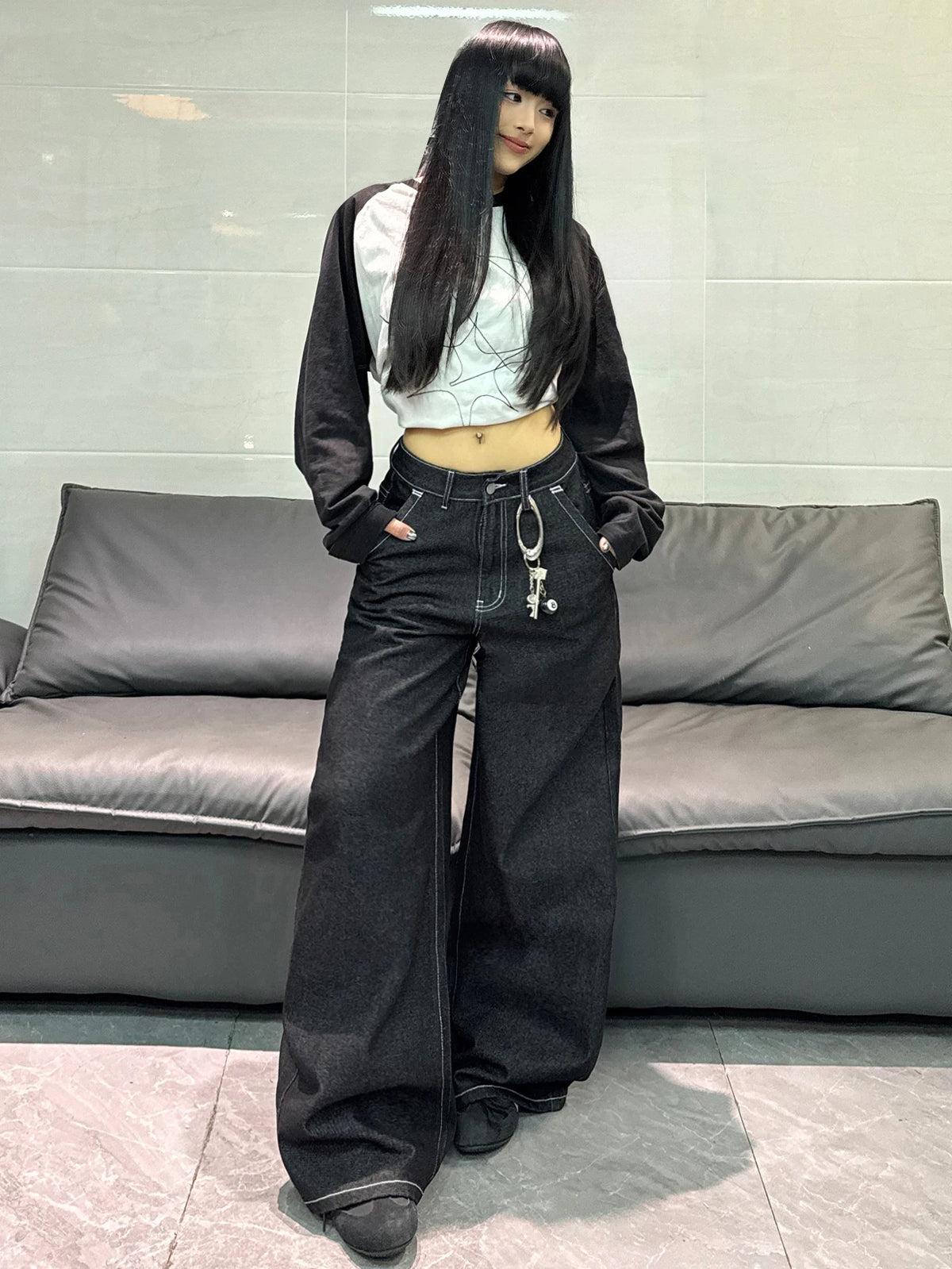 Cartoon Print Wide Leg Jeans in Black
