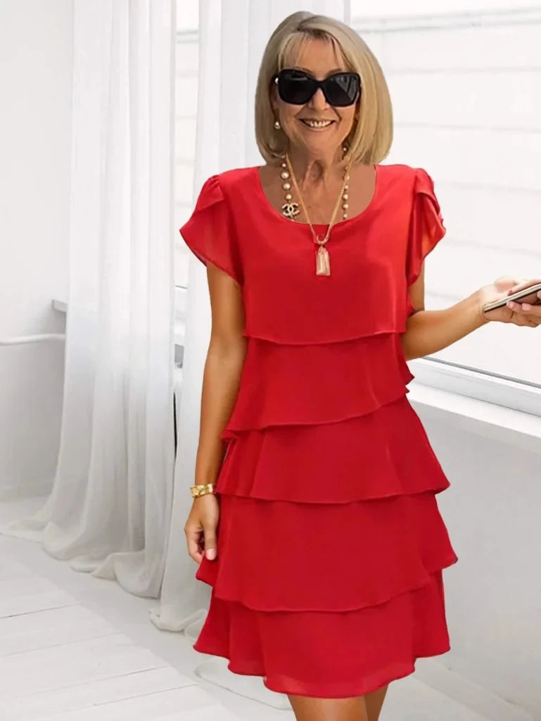 Women's Solid Color Round Neck Short Sleeve Casual Multi-Layered Mini Dress