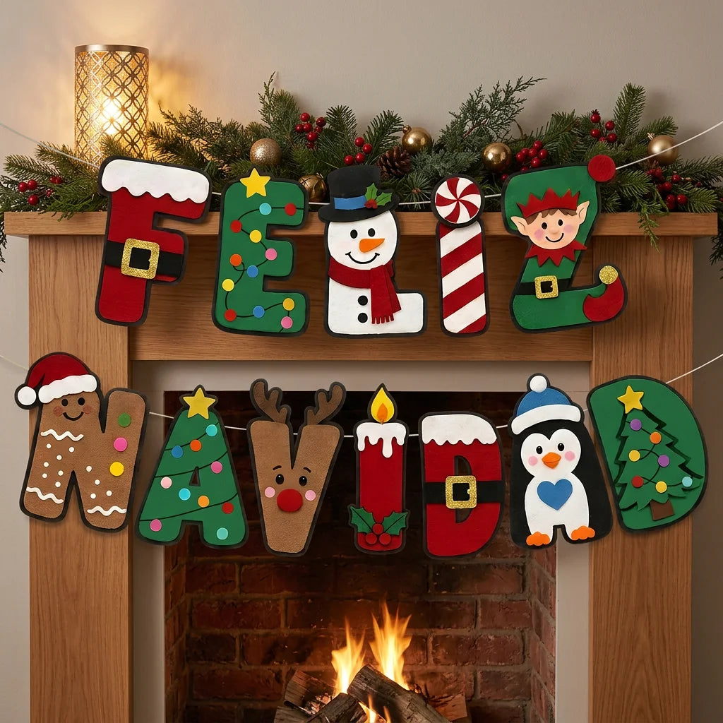 Felt Feliz Navidad Banner Spanish Christmas Letter Garland Snowman Elf Penguin Xmas Wall Hanging Decor for Home Fireplace Party