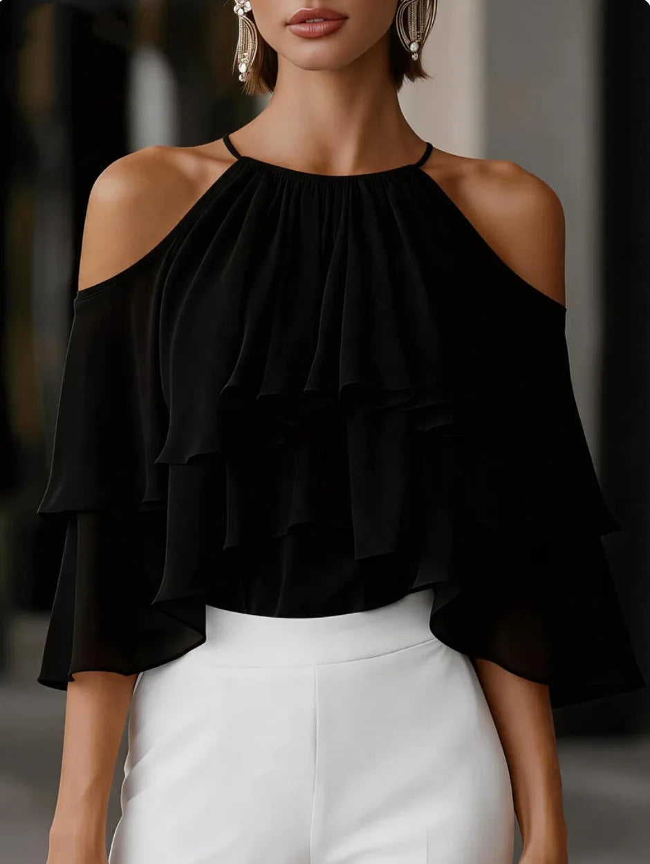 Women Cold Shoulder Halter Blouse Ruffle Layered Chiffon Tops Casual Party Shirts