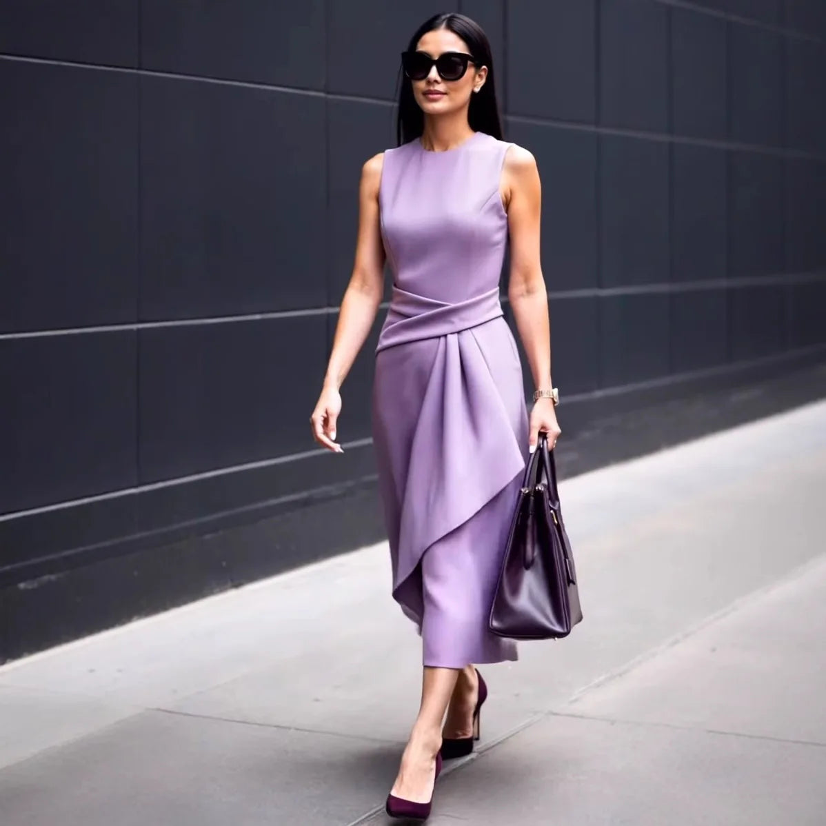 Women Sleeveless Round Neck Midi Dress Asymmetric Ruffle Waist Elegant Party Office Lady Fashion Summer