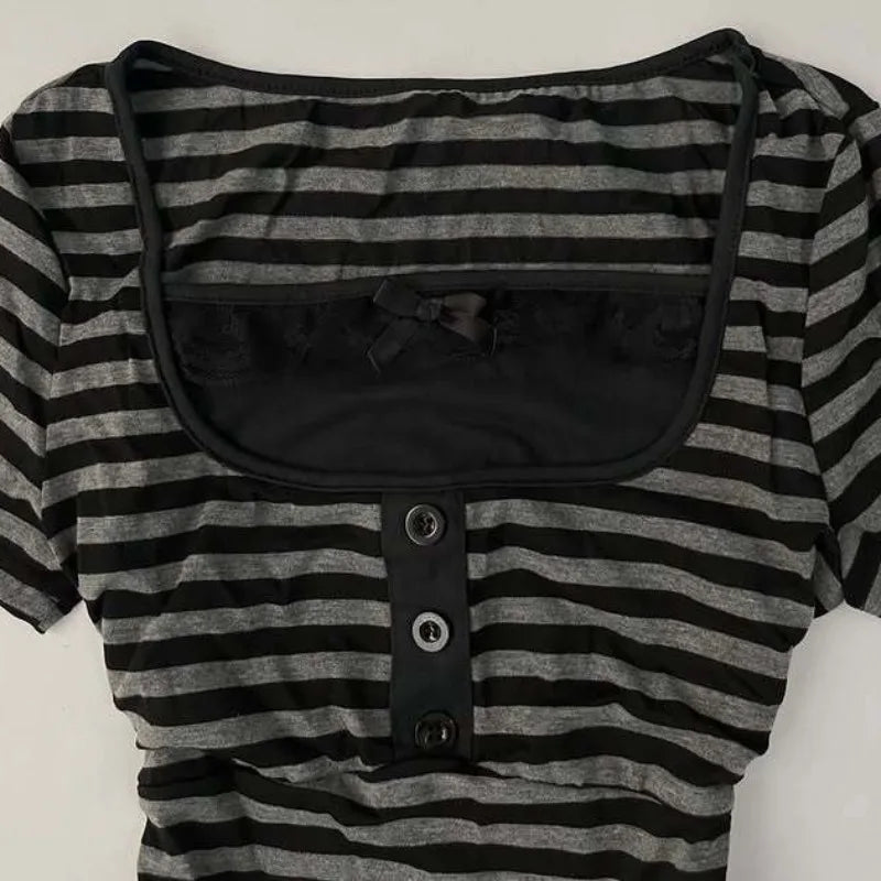 Gothic Harajuku Y2K Women's Crop Top Casual Slim Fit Striped Lace Bow Button Design Short Sleeve T-Shirt Chic Trendy Streetwear