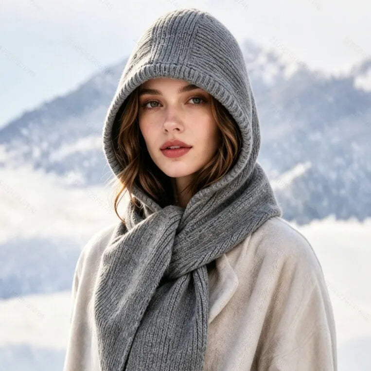 Knitted Hooded Scarf for Women Winter Warm Balaclava Hat Scarf 2 In 1 Neck Warmer Windproof Ear Cover Outdoor Fashion Headwear