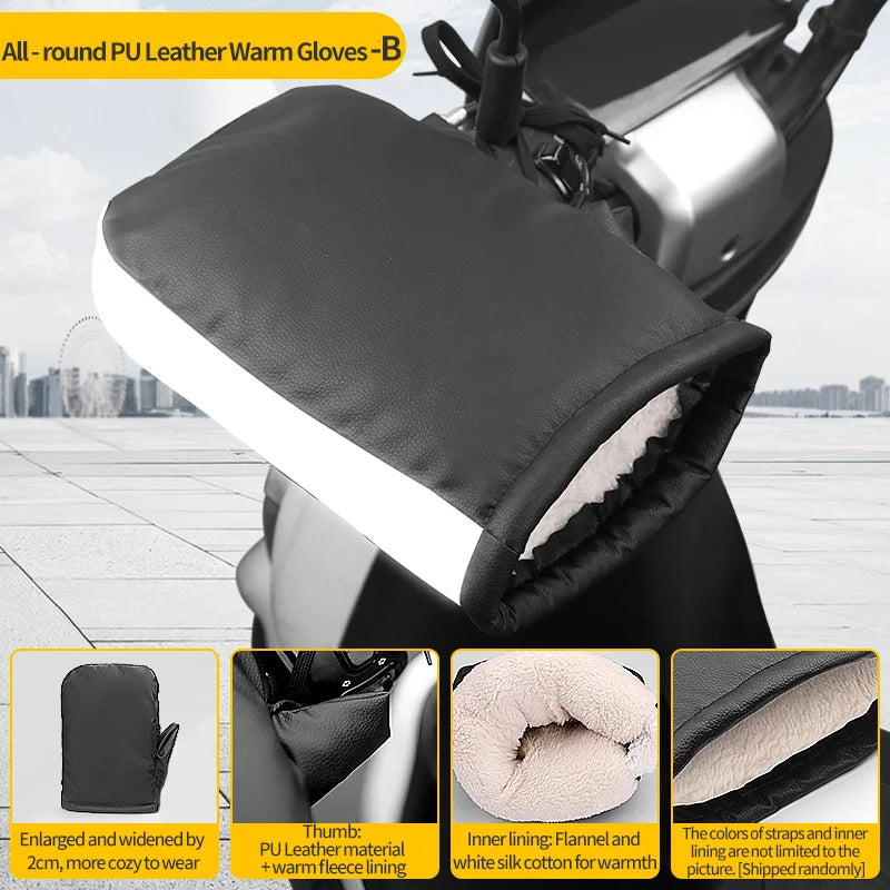 2PCS Winter Electric Bike Gloves - Warm Thickened Handle Covers, Rainproof & Windproof Motorcycle PU Leather Hand Protective Glo