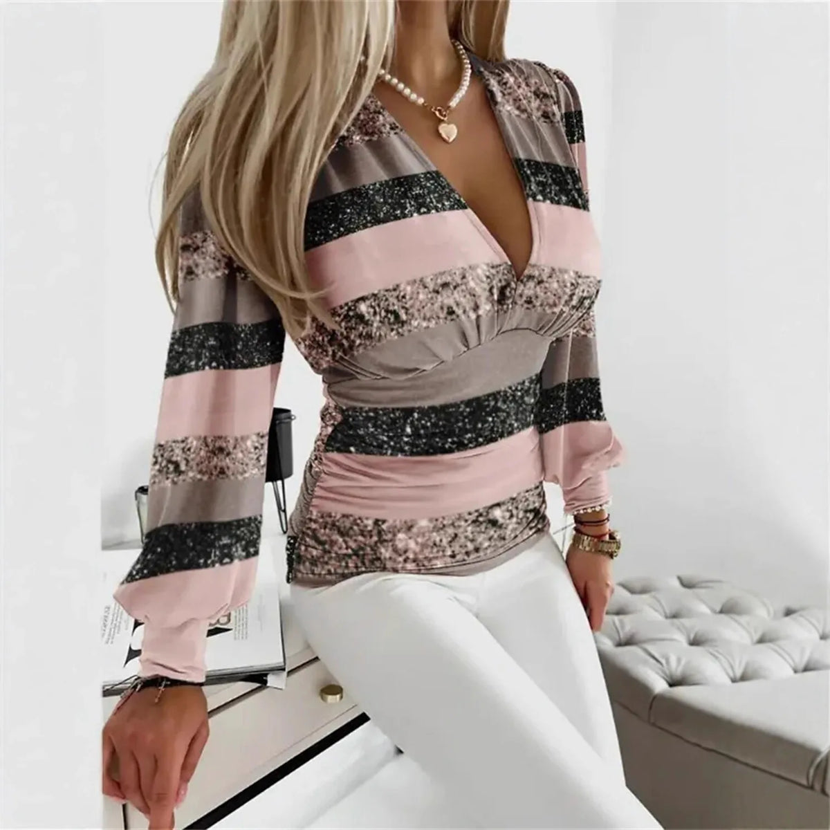 Chic V-Neck Long Sleeve Top with Ruched Waist & Lantern Sleeves Stylish for Casual Office