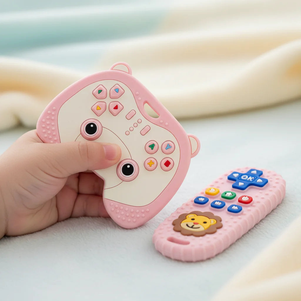 2Pcs Baby Teething Toys for 0-6 6-12 Months Silicone Bear Game Controller & Lion Teether Set