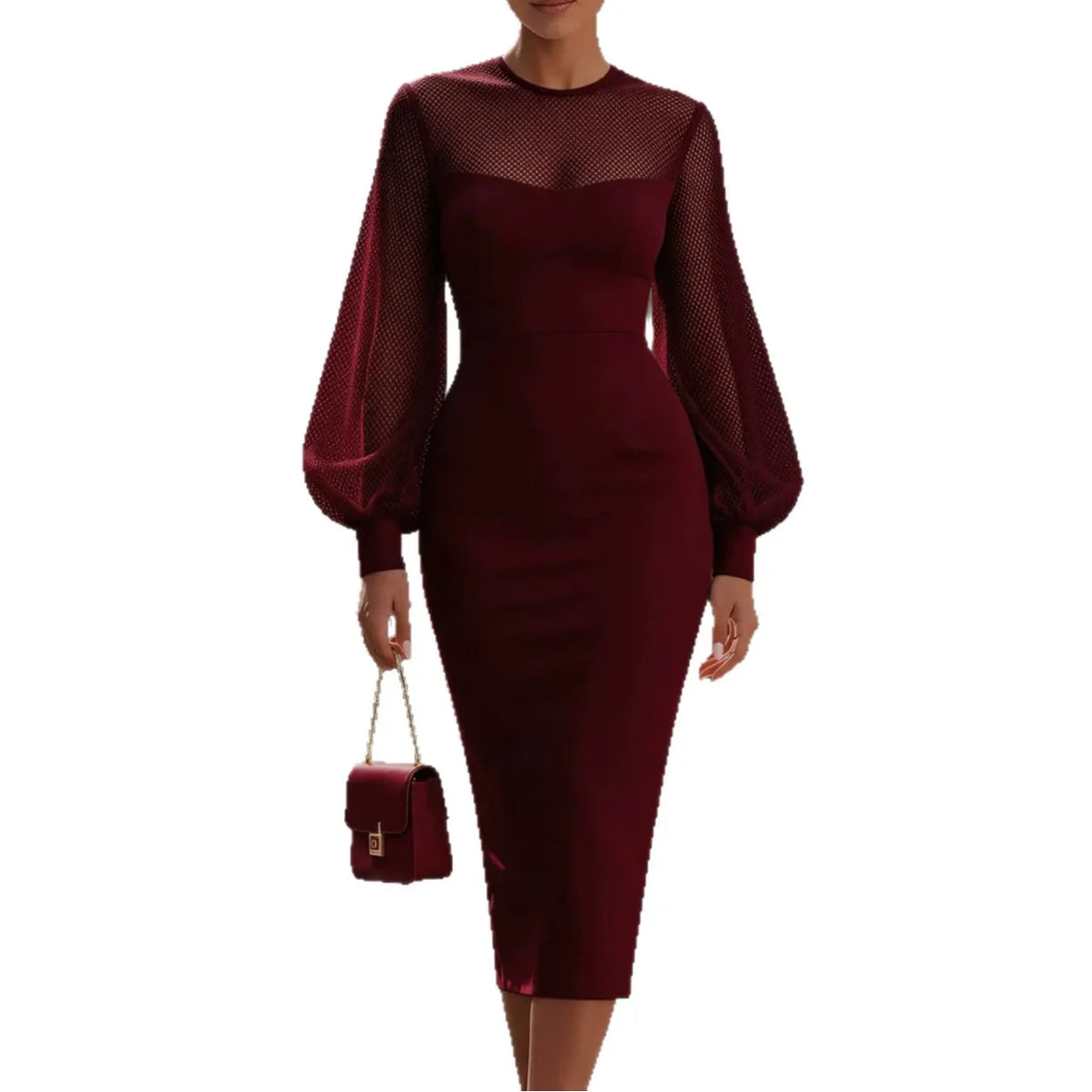 Round Neck Sheer Long Sleeve Slim Midi Pencil Dress Elegant Women Wedding Guest Cocktail Party Bodycon Formal Gown