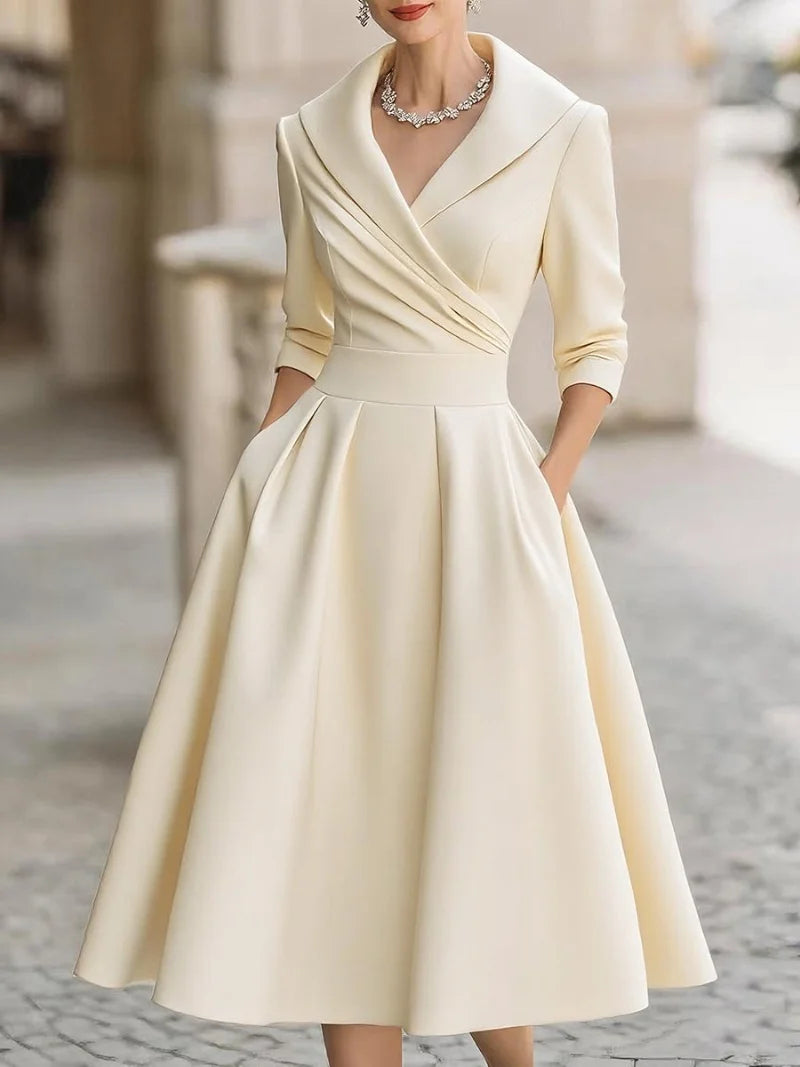 Shawl Lapel Cross V Neck Midi Dress 3 4 Sleeve High Waist A Line Pocket Dress Formal Wedding Guest Outfit