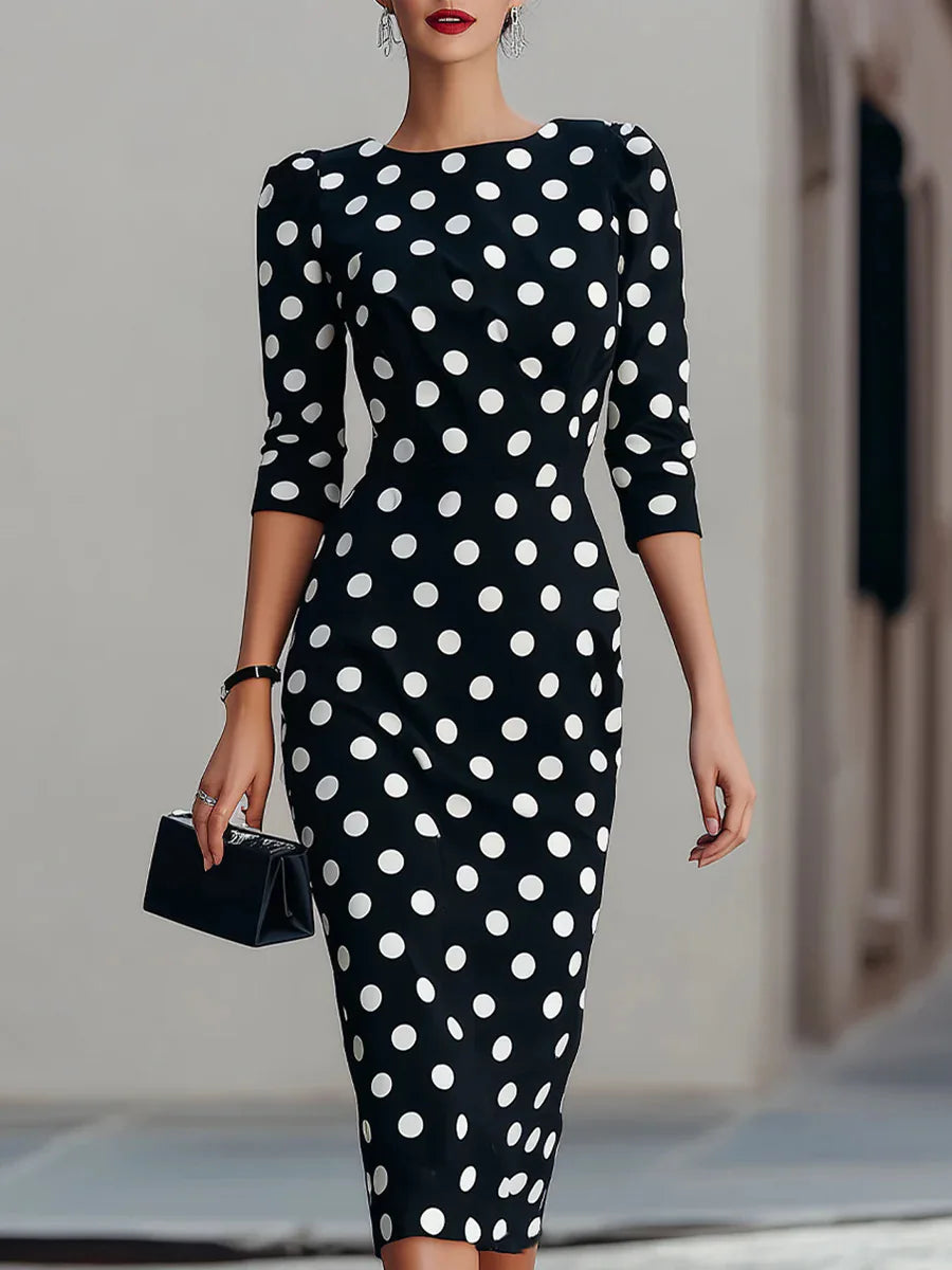 Round Boat Neck Padded Shoulder Three Quarter Sleeve Polka Dot Midi Pencil Dress Elegant Office Party Knee Length Sheath Gown