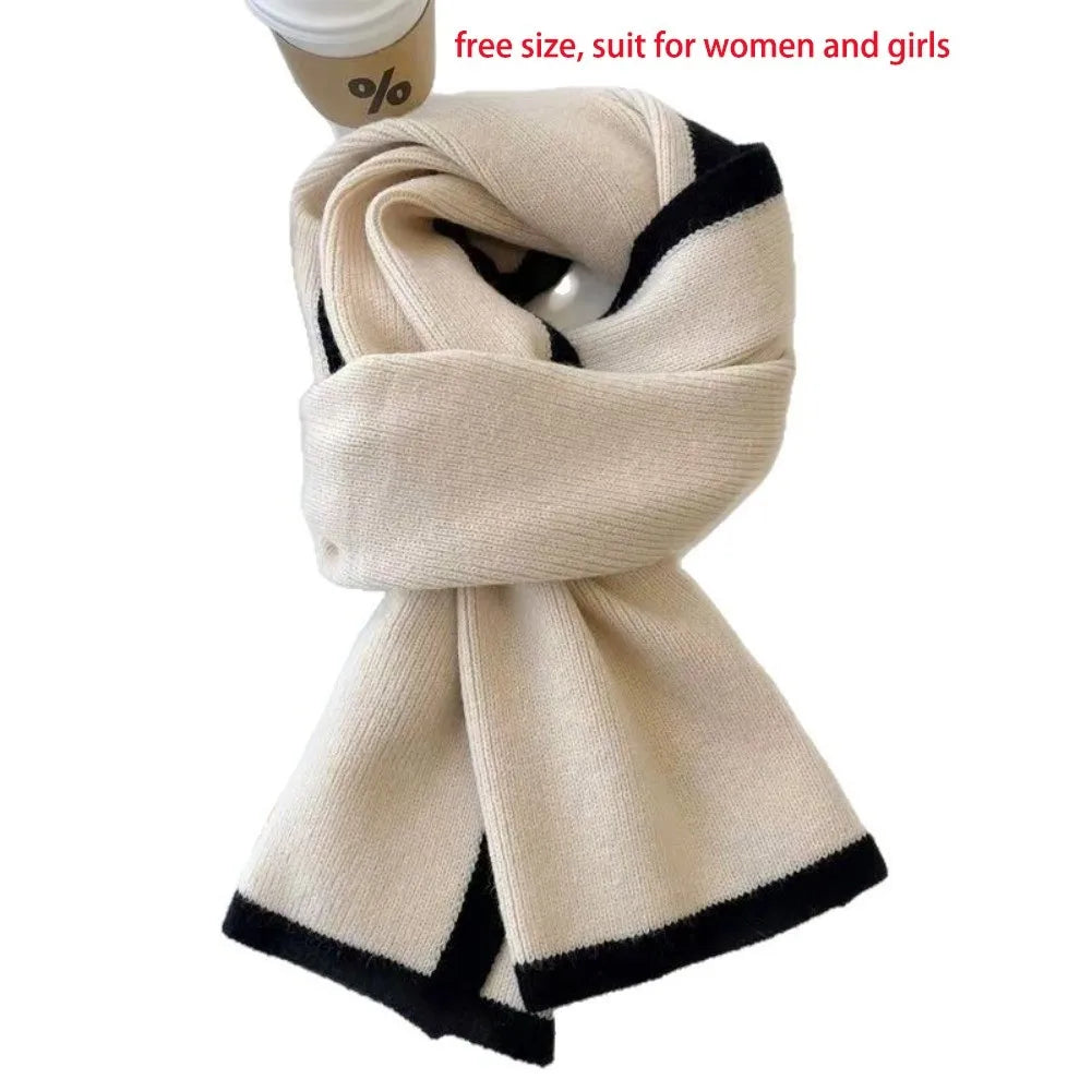 Solid Color Winter Knit Scarf Warm Soft Material Casual Style Neck Warmer Double-Sided Design Contrast Edge Double-Sided Scarf