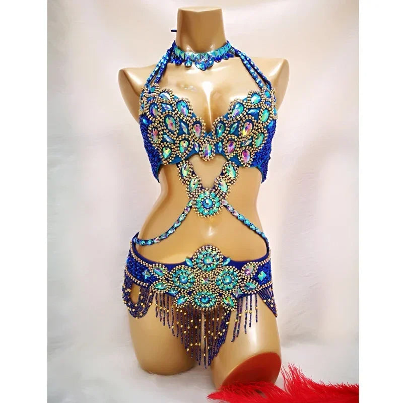 Beaded Crystal Belly Dance Costume, 3 Piece Set