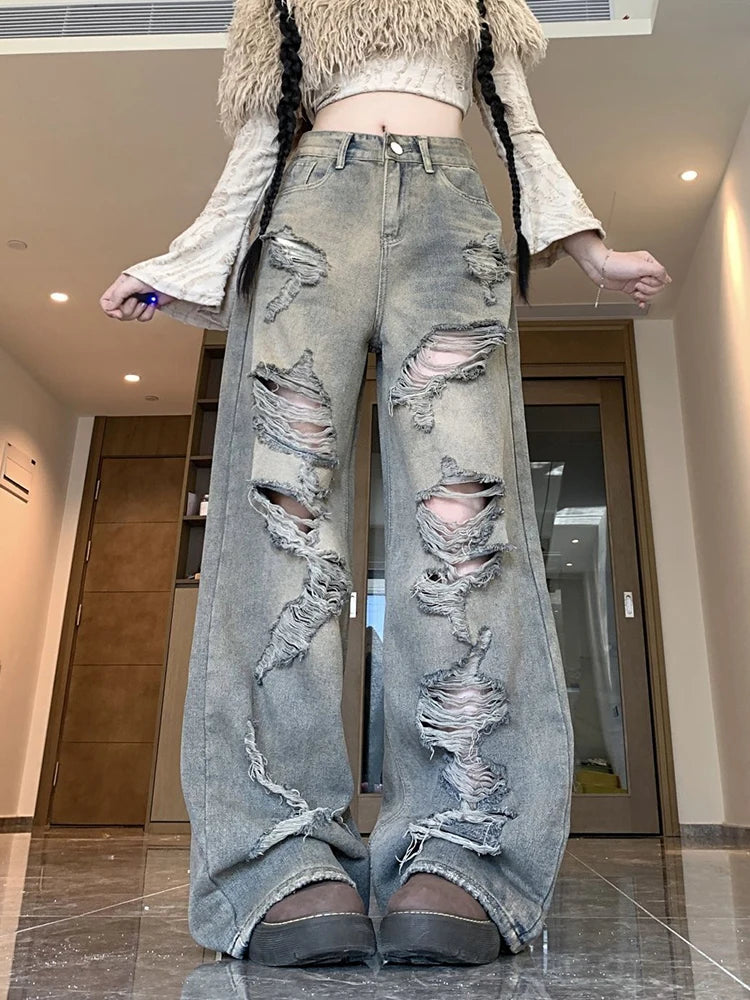 Y2K Hole Jeans Women Streetwear Vintage High Waist Loose Trousers Fall New Hip Hop Harajuku Bf Gothic Retro Wide Leg Denim Pant