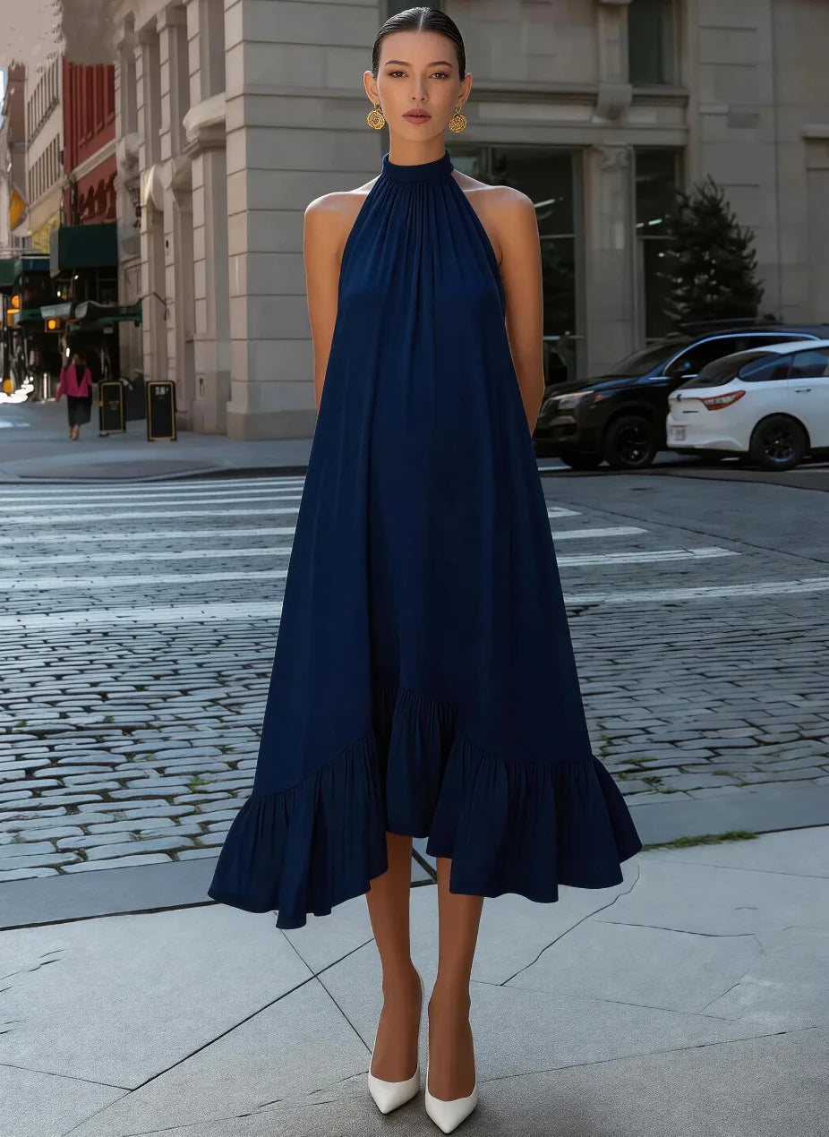 Trendy Black Backless Halter Neck A-Line Dress Autumn Winter Party Club Wear Fashion Top