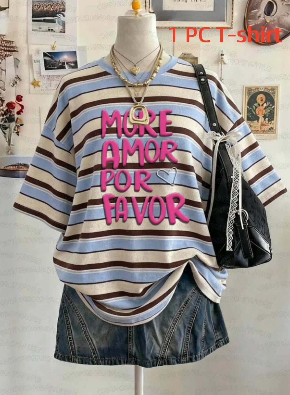 Summer Y2K Striped Print Casual Oversized Round Neck Drop Shoulder Women Short Sleeve T-shirt Street Casual Sports Top