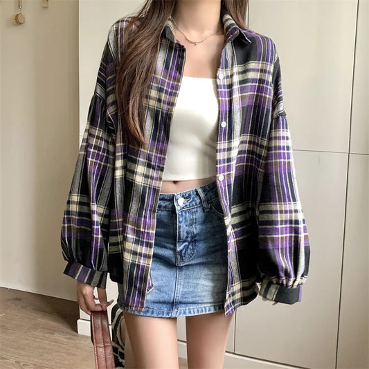 Purple Plaid Shirt Women Autumn Long Sleeve Single Breasted Blouse Top Female Teen-girl Casual Loose Button Down Check Shirts