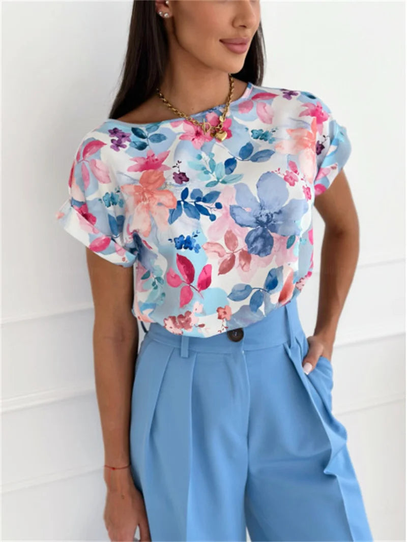 Casual Summer Short Sleeve Pleated Patchwork Blous Elegant Office