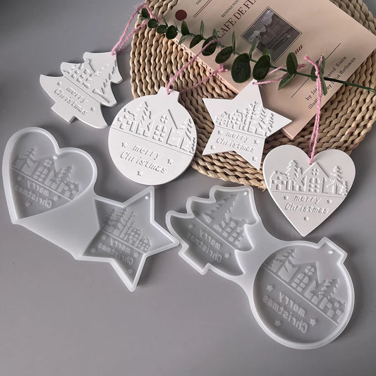 1pc Christmas Heart Round Tree Star-Shaped Hanging Ornament Silicone Mold DIY Cement Plaster Clay Craft for Home Decor Gift