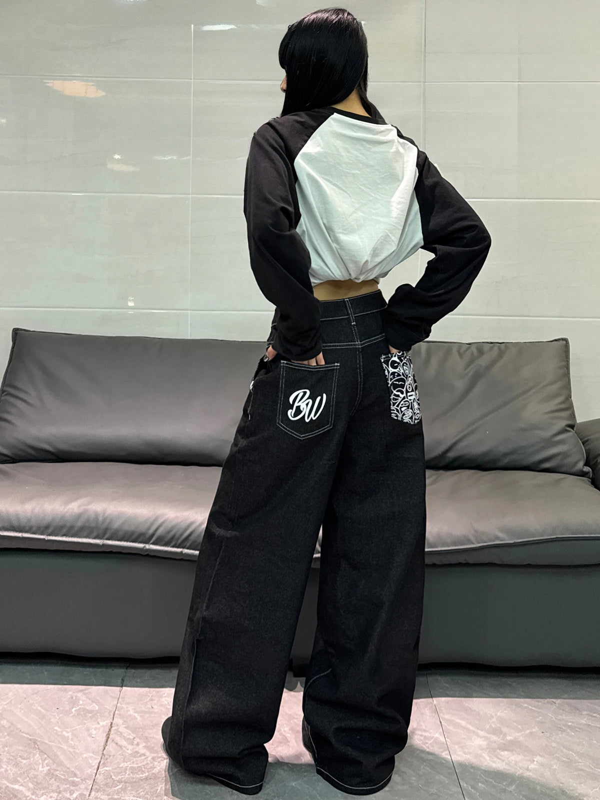 Cartoon Print Wide Leg Jeans in Black
