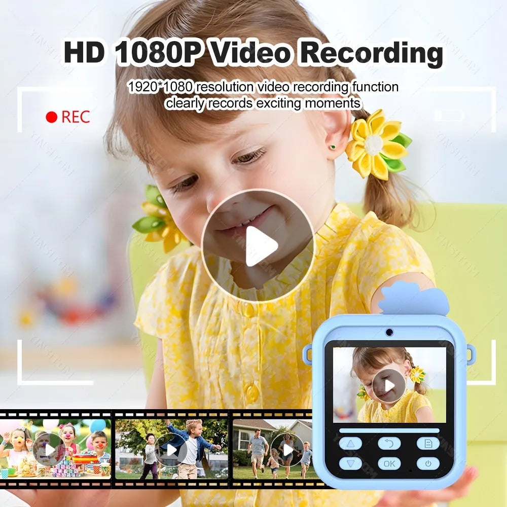 57mm Mini Thermal Printer Children Digital Photography Print Instant Camera 1080PHD Dual Lens Kids Video Recorder for Girls Boys
