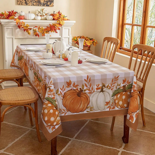 Autumn Thanksgiving Pumpkins Buffalo Plaid Tablecloth Wedding Party Decor Fall Maple Leaves Rectangle Table Cloths Table Decor