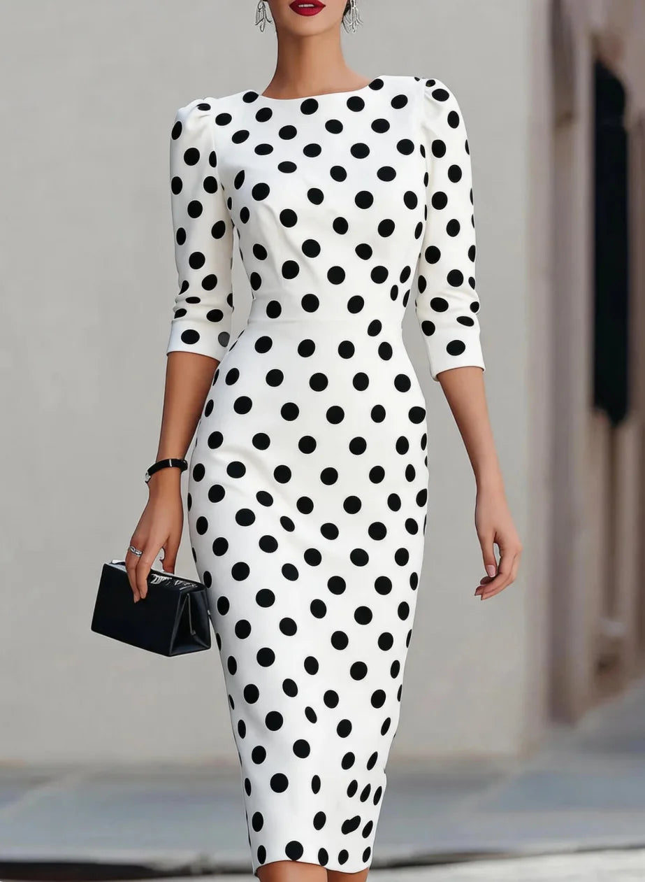 Round Boat Neck Padded Shoulder Three Quarter Sleeve Polka Dot Midi Pencil Dress Elegant Office Party Knee Length Sheath Gown