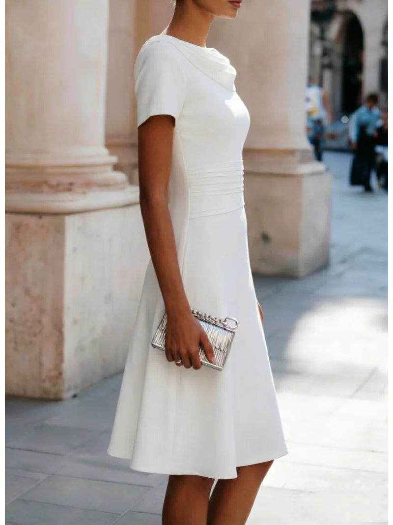 Elegant Short Sleeve Boat Neck Fitted Waist A Line Midi Dress for Women Formal Occasions