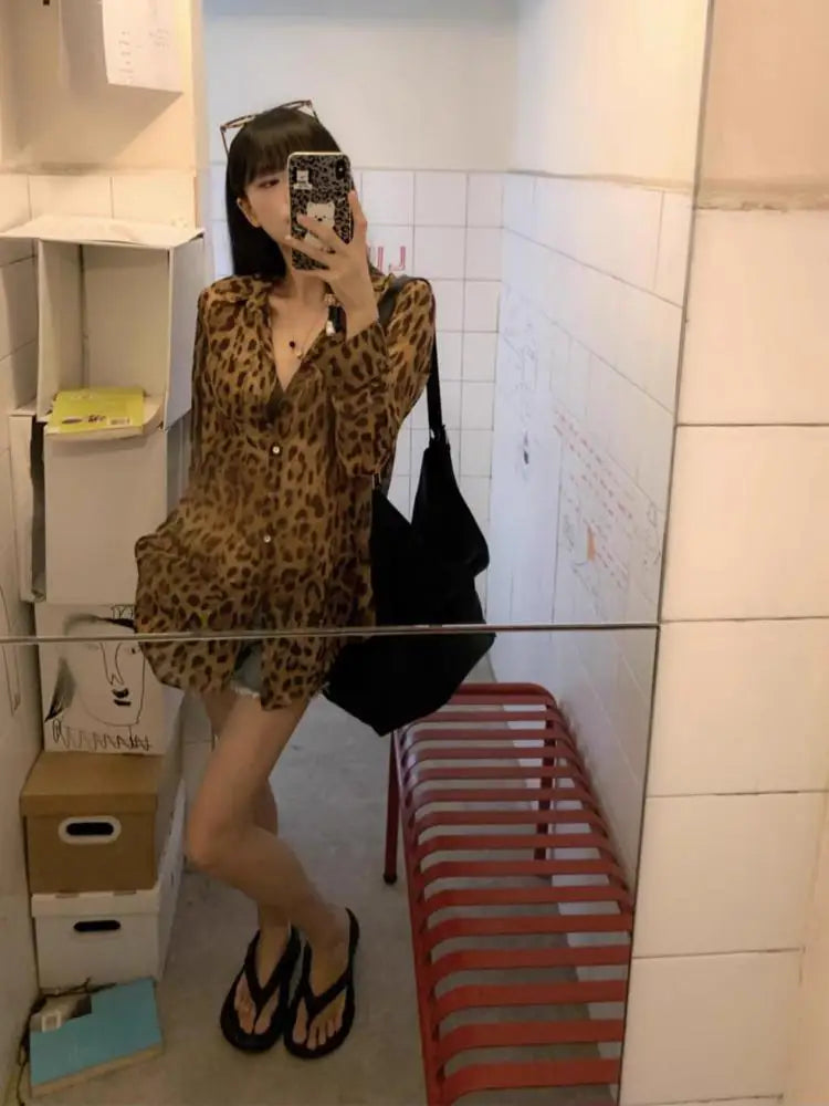 Seeslim Hotsweet Leopard Chiffon Shirt Women Button Up Single Breasted Long Sleeve Autumn Tops 2000s Y2k Shirts And Blouses Chic