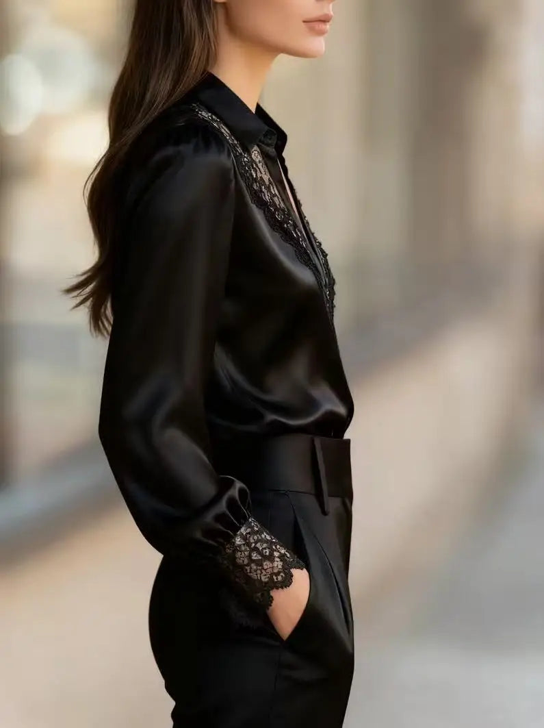Elegant White Lace-Trimmed Satin Blouse - Sophisticated Women's Fashion Top