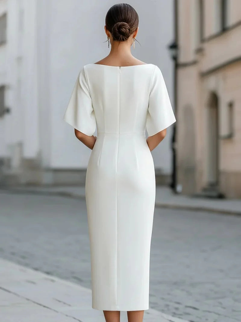 Elegant Boat Neck Half Sleeve Midi Dress Fitted Waist Formal Party Gown