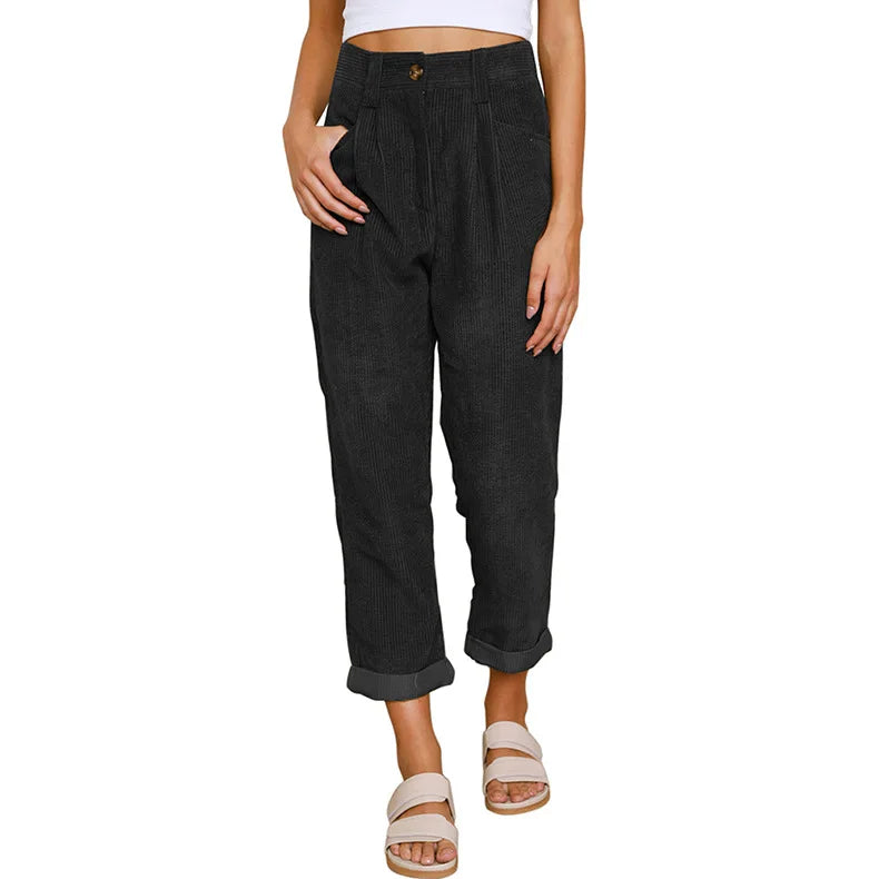 Women's 2025 Fall Corduroy Pants - High Waist Relaxed Straight Leg Trousers, Solid Color Casual Lounge Pants